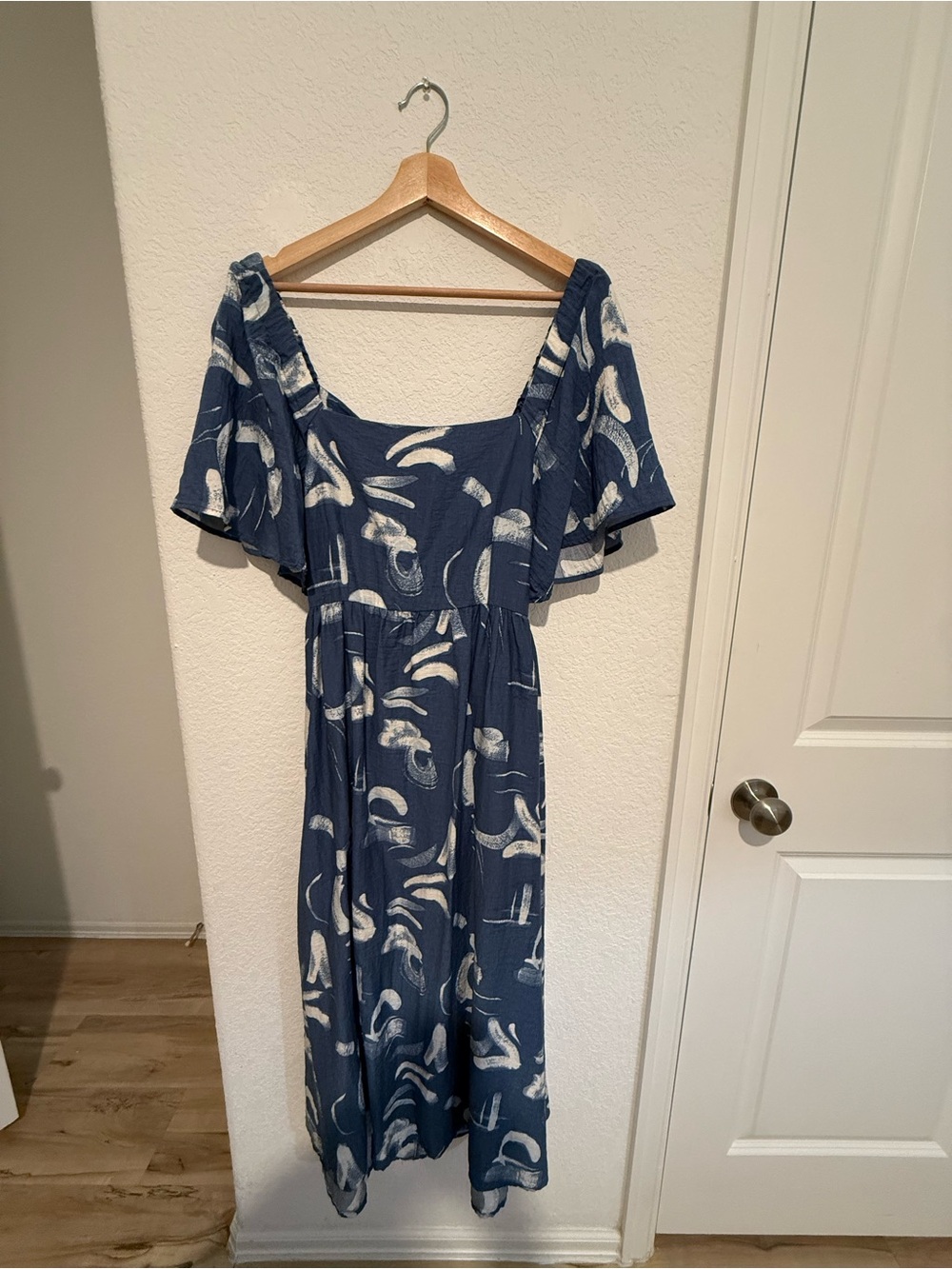 Blue and White Printed Square-Neck Midi Dress